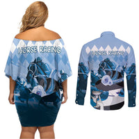 Kentucky Horse Racing Couples Matching Off Shoulder Short Dress and Long Sleeve Button Shirt Derby Mint Julep Girl - Blue Pastel LT14