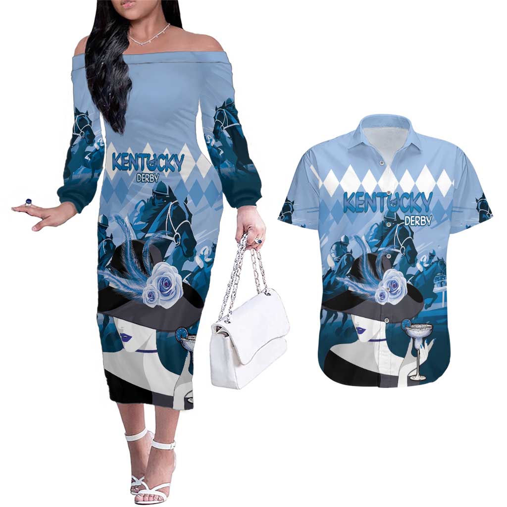 Kentucky Horse Racing Couples Matching Off The Shoulder Long Sleeve Dress and Hawaiian Shirt Derby Mint Julep Girl - Blue Pastel LT14