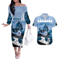 Kentucky Horse Racing Couples Matching Off The Shoulder Long Sleeve Dress and Hawaiian Shirt Derby Mint Julep Girl - Blue Pastel LT14