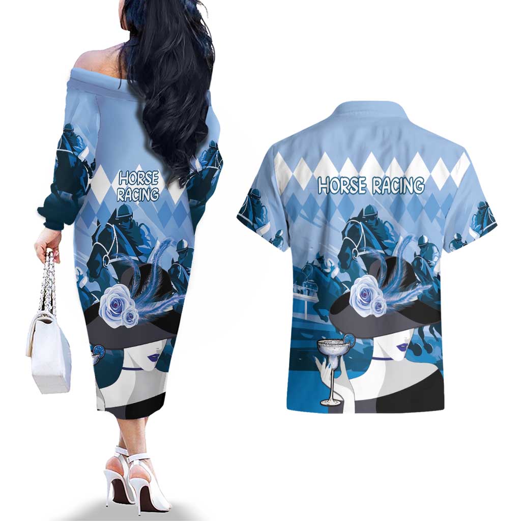Kentucky Horse Racing Couples Matching Off The Shoulder Long Sleeve Dress and Hawaiian Shirt Derby Mint Julep Girl - Blue Pastel LT14