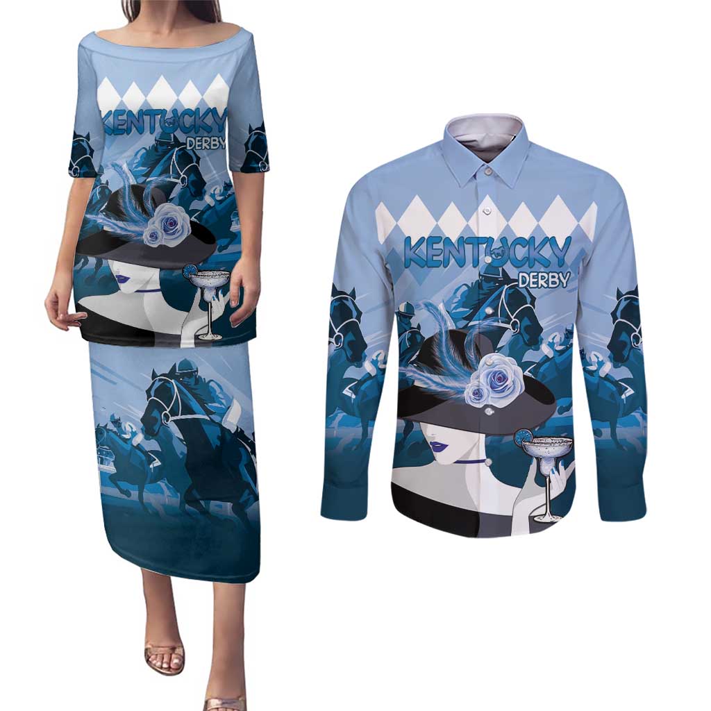 Kentucky Horse Racing Couples Matching Puletasi and Long Sleeve Button Shirt Derby Mint Julep Girl - Blue Pastel LT14