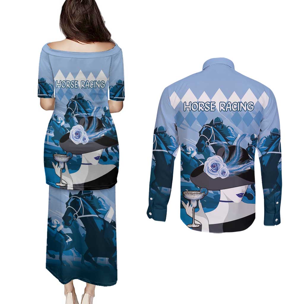Kentucky Horse Racing Couples Matching Puletasi and Long Sleeve Button Shirt Derby Mint Julep Girl - Blue Pastel LT14