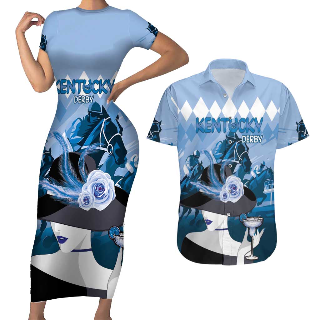 Kentucky Horse Racing Couples Matching Short Sleeve Bodycon Dress and Hawaiian Shirt Derby Mint Julep Girl - Blue Pastel LT14