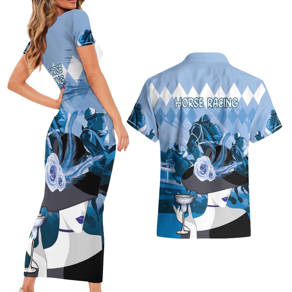 Kentucky Horse Racing Couples Matching Short Sleeve Bodycon Dress and Hawaiian Shirt Derby Mint Julep Girl - Blue Pastel LT14