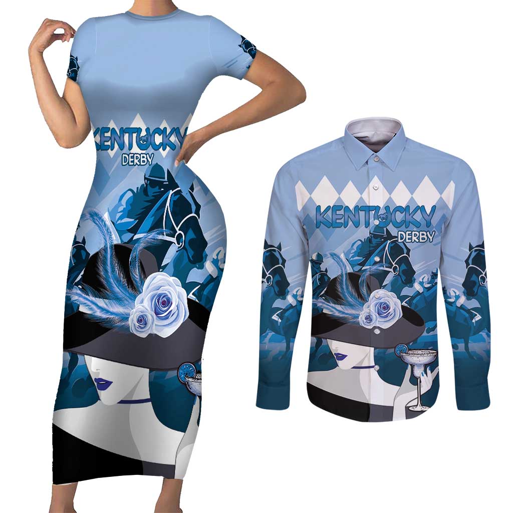 Kentucky Horse Racing Couples Matching Short Sleeve Bodycon Dress and Long Sleeve Button Shirt Derby Mint Julep Girl - Blue Pastel LT14