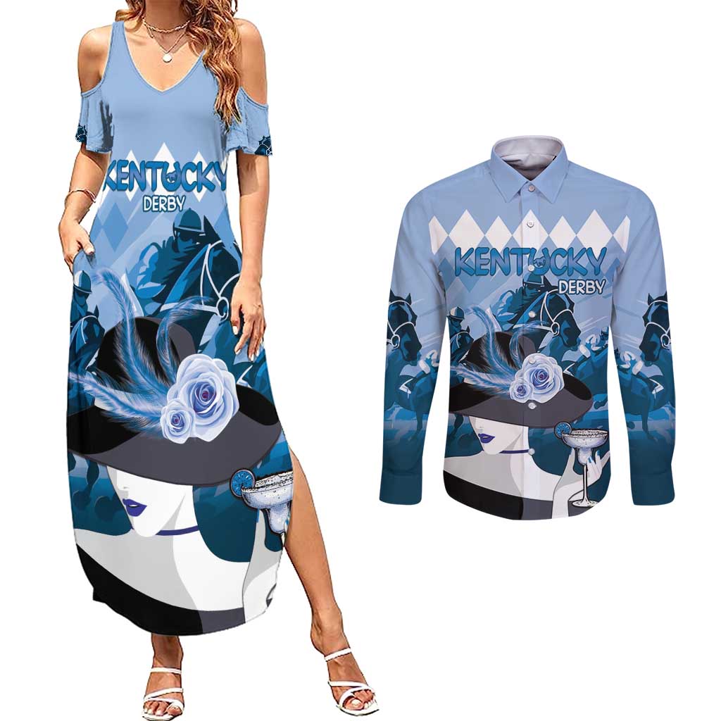 Kentucky Horse Racing Couples Matching Summer Maxi Dress and Long Sleeve Button Shirt Derby Mint Julep Girl - Blue Pastel LT14