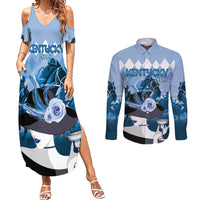 Kentucky Horse Racing Couples Matching Summer Maxi Dress and Long Sleeve Button Shirt Derby Mint Julep Girl - Blue Pastel LT14