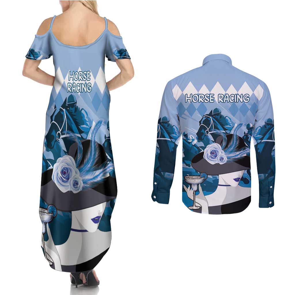 Kentucky Horse Racing Couples Matching Summer Maxi Dress and Long Sleeve Button Shirt Derby Mint Julep Girl - Blue Pastel LT14