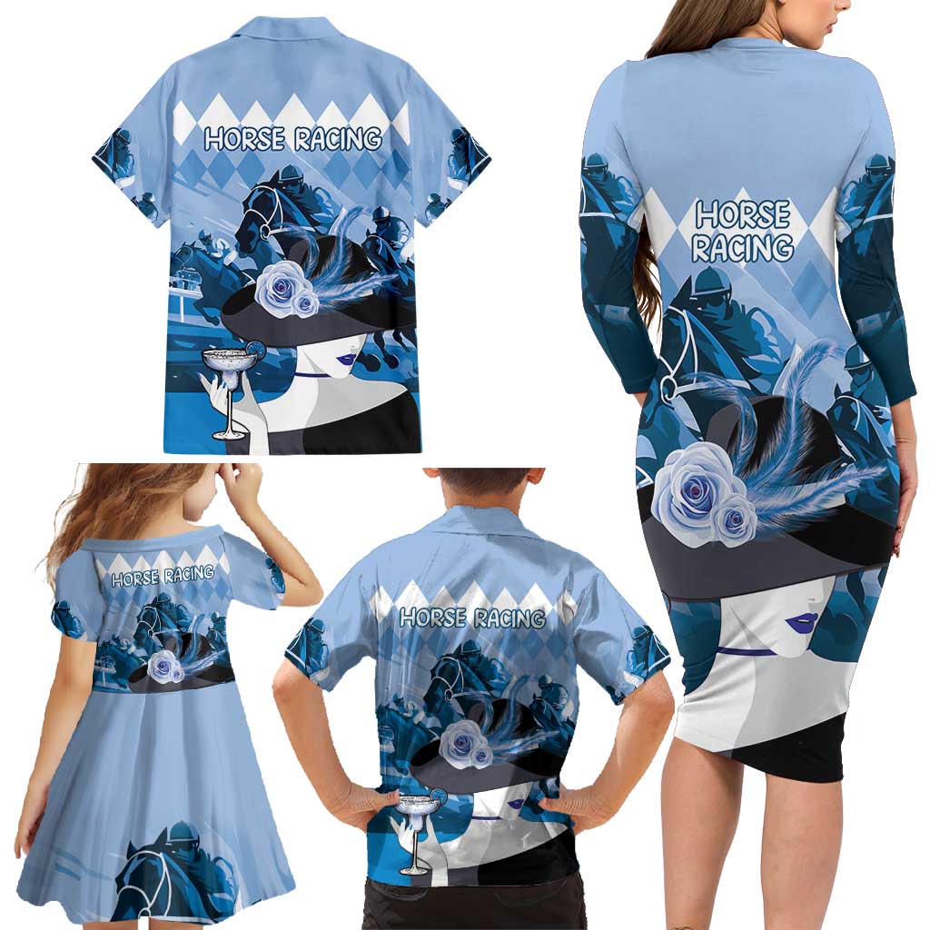 Kentucky Horse Racing Family Matching Long Sleeve Bodycon Dress and Hawaiian Shirt Derby Mint Julep Girl - Blue Pastel LT14