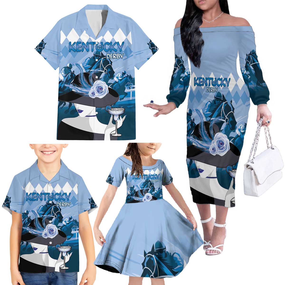 Kentucky Horse Racing Family Matching Off The Shoulder Long Sleeve Dress and Hawaiian Shirt Derby Mint Julep Girl - Blue Pastel LT14