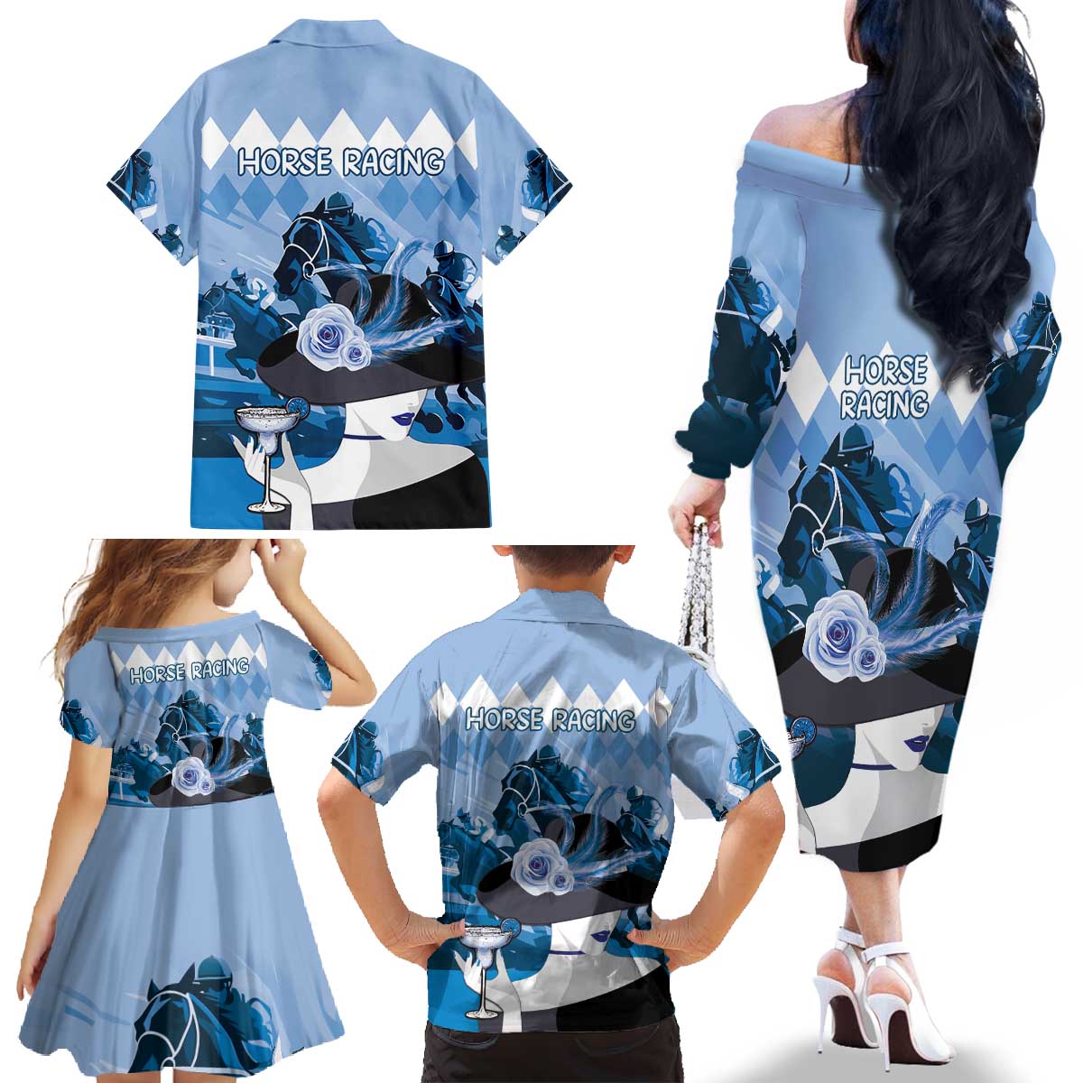 Kentucky Horse Racing Family Matching Off The Shoulder Long Sleeve Dress and Hawaiian Shirt Derby Mint Julep Girl - Blue Pastel LT14