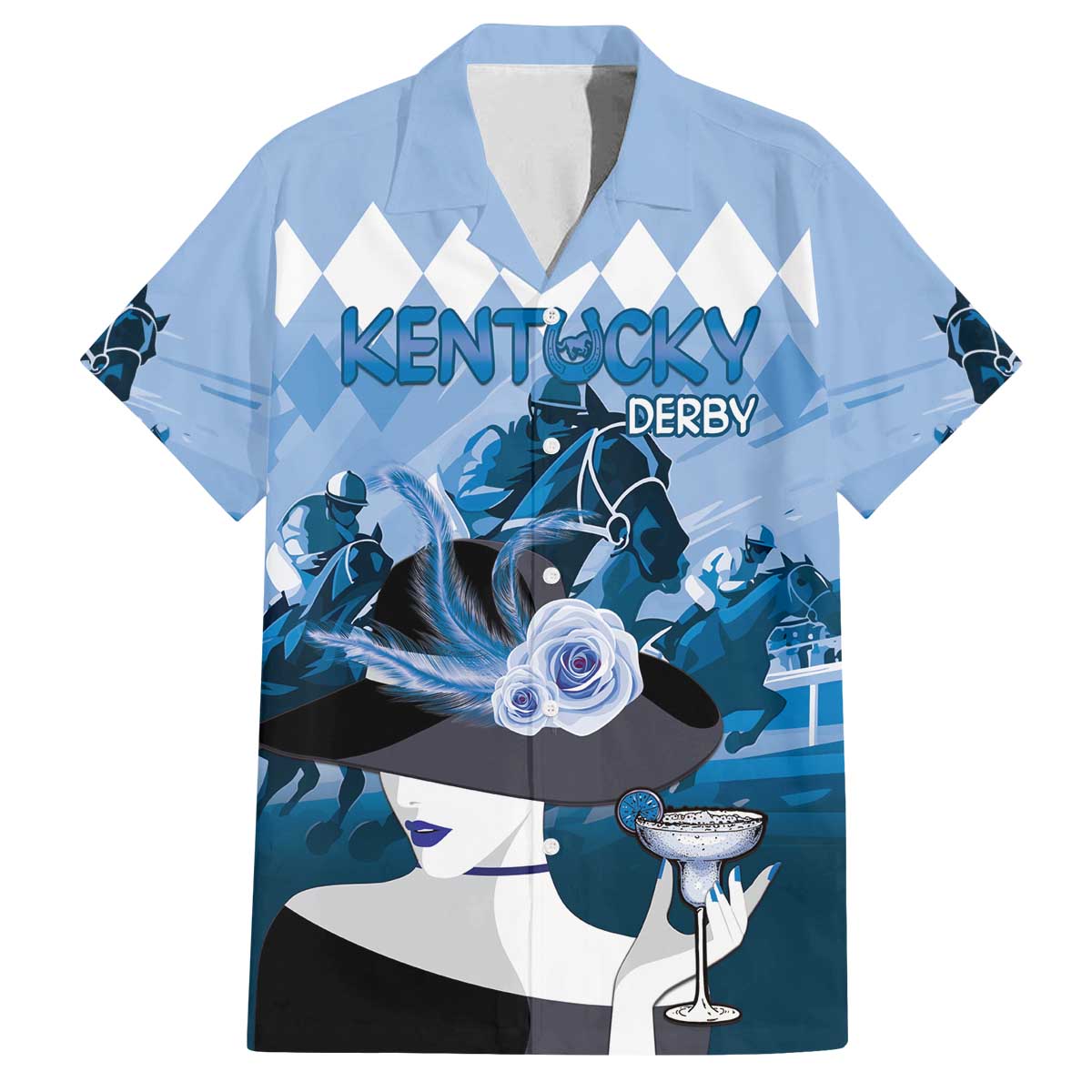 Kentucky Horse Racing Family Matching Off The Shoulder Long Sleeve Dress and Hawaiian Shirt Derby Mint Julep Girl - Blue Pastel LT14