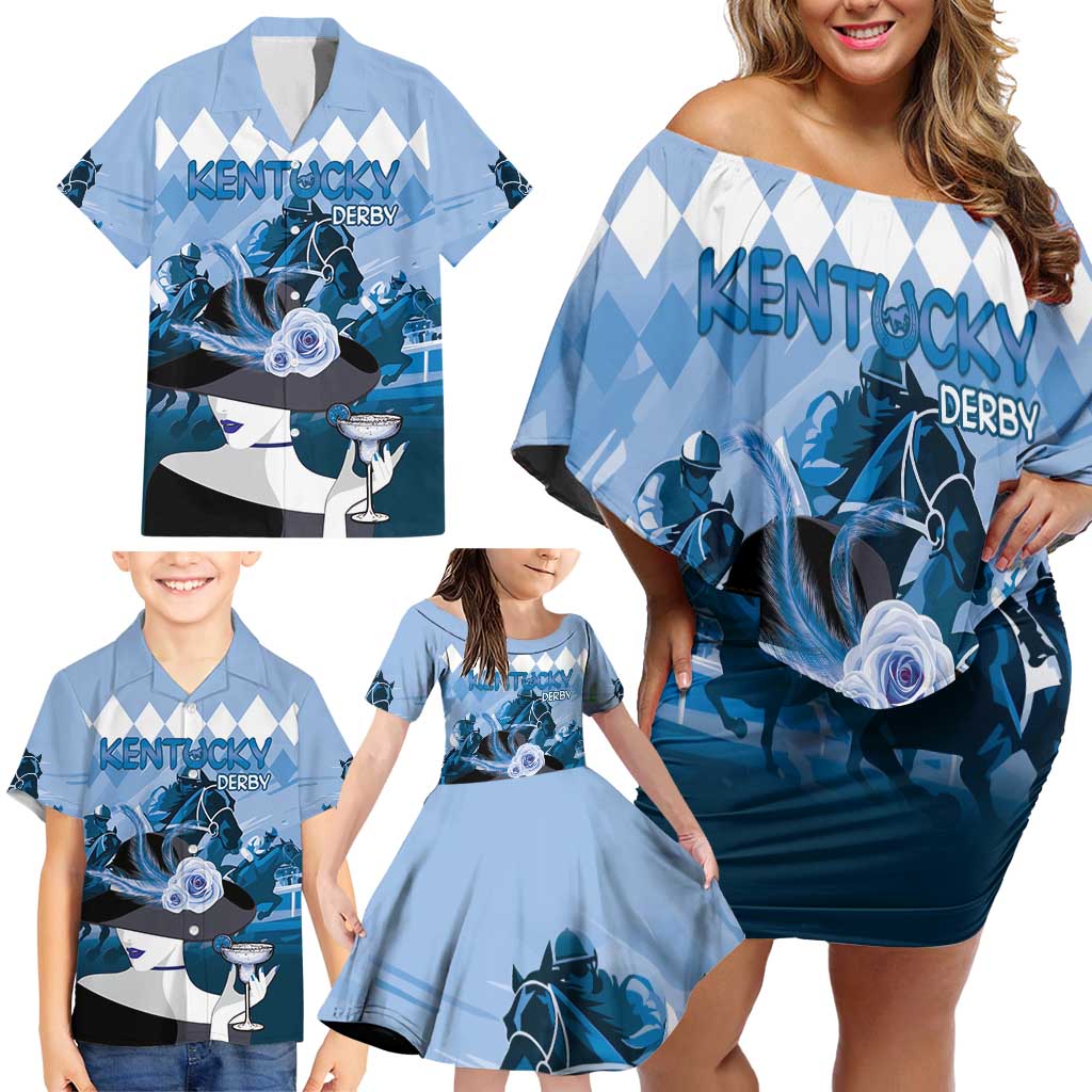 Kentucky Horse Racing Family Matching Off Shoulder Short Dress and Hawaiian Shirt Derby Mint Julep Girl - Blue Pastel LT14