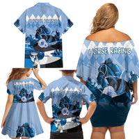 Kentucky Horse Racing Family Matching Off Shoulder Short Dress and Hawaiian Shirt Derby Mint Julep Girl - Blue Pastel LT14