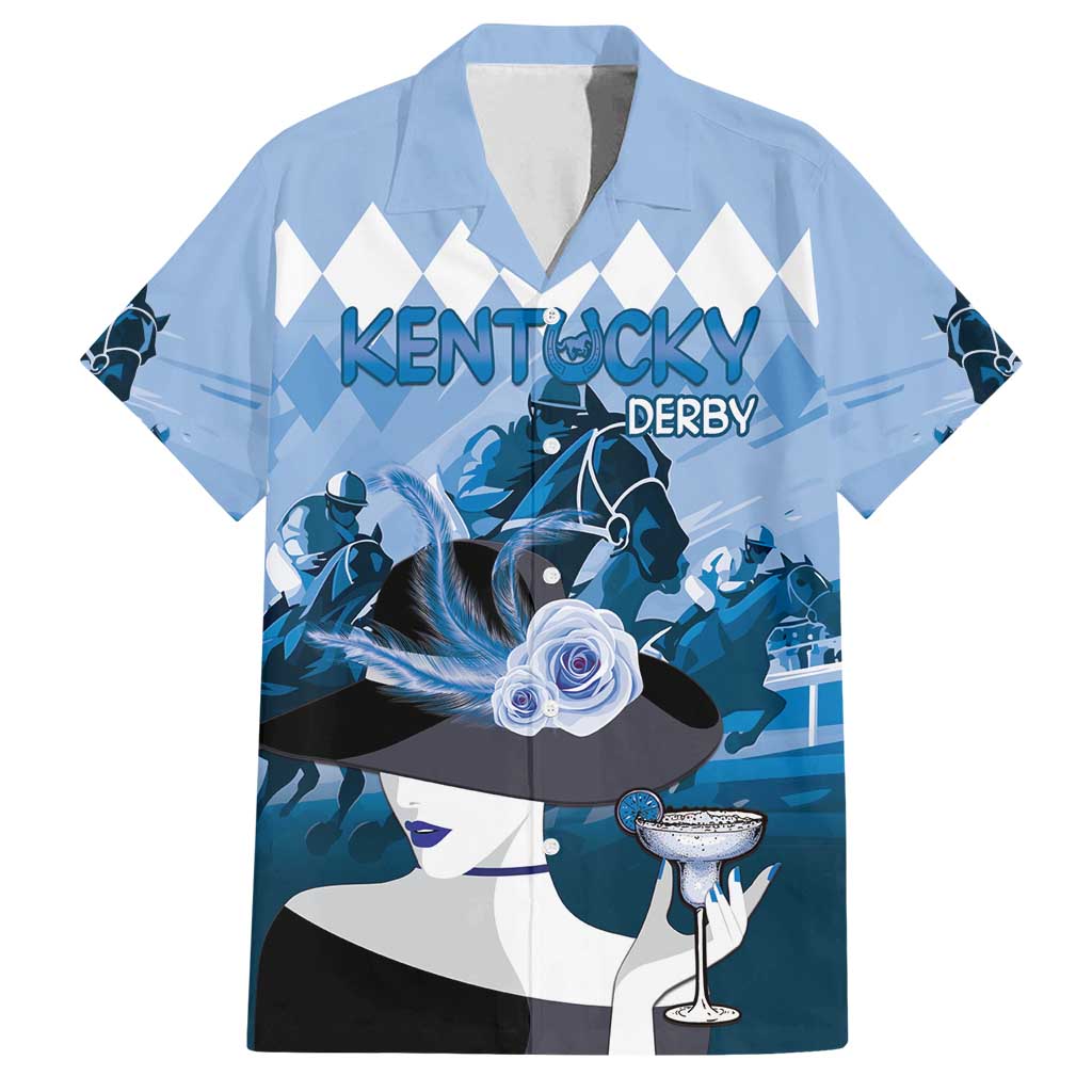 Kentucky Horse Racing Family Matching Off Shoulder Short Dress and Hawaiian Shirt Derby Mint Julep Girl - Blue Pastel LT14