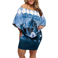 Kentucky Horse Racing Family Matching Off Shoulder Short Dress and Hawaiian Shirt Derby Mint Julep Girl - Blue Pastel LT14