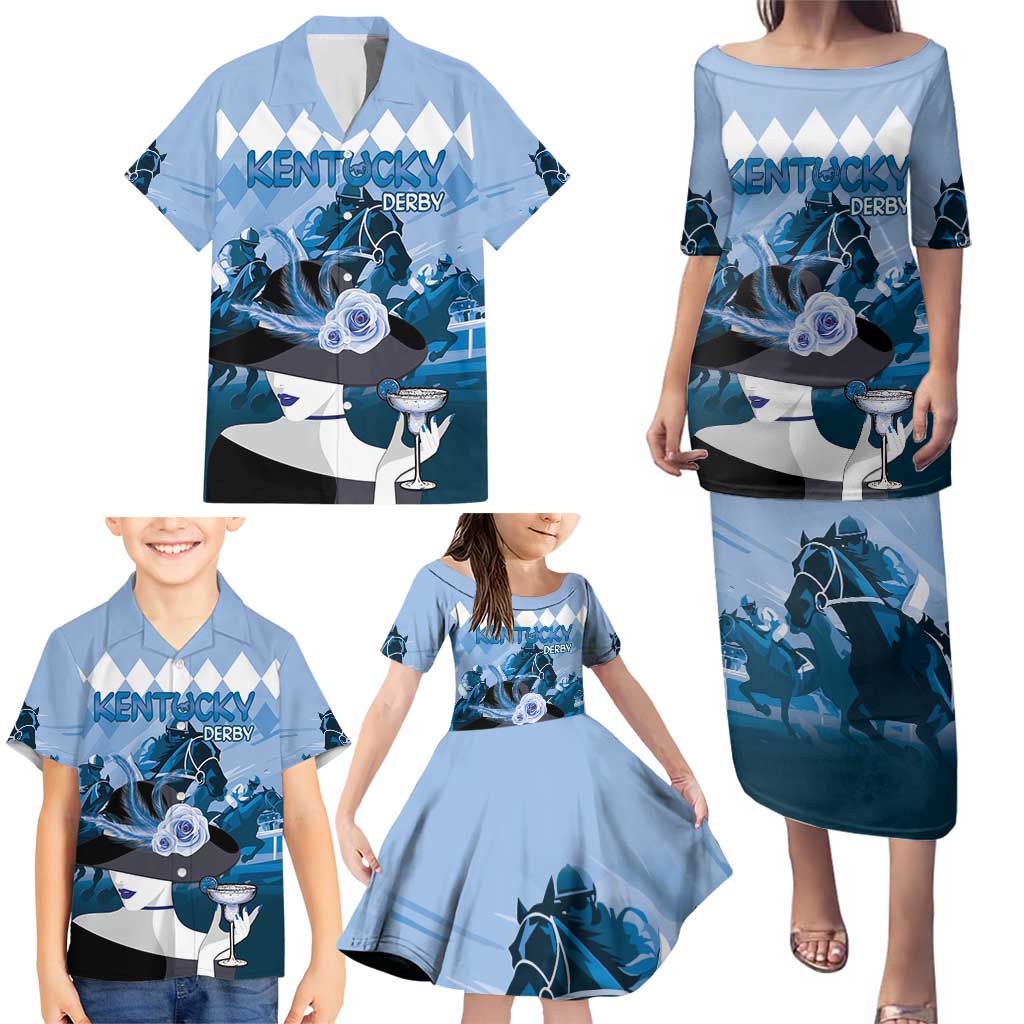 Kentucky Horse Racing Family Matching Puletasi and Hawaiian Shirt Derby Mint Julep Girl - Blue Pastel LT14