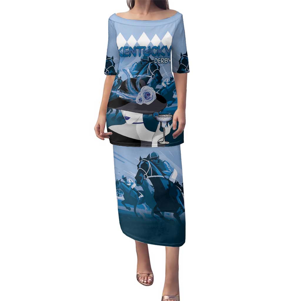 Kentucky Horse Racing Family Matching Puletasi and Hawaiian Shirt Derby Mint Julep Girl - Blue Pastel LT14