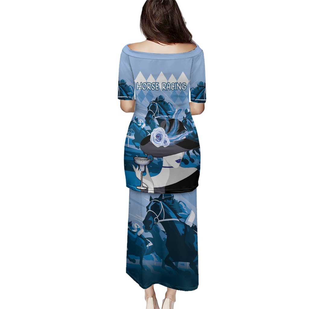 Kentucky Horse Racing Family Matching Puletasi and Hawaiian Shirt Derby Mint Julep Girl - Blue Pastel LT14