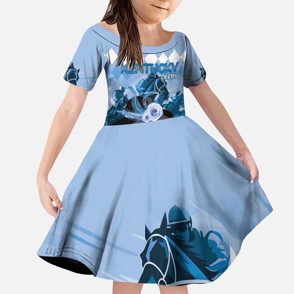 Kentucky Horse Racing Kid Short Sleeve Dress Derby Mint Julep Girl - Blue Pastel LT14