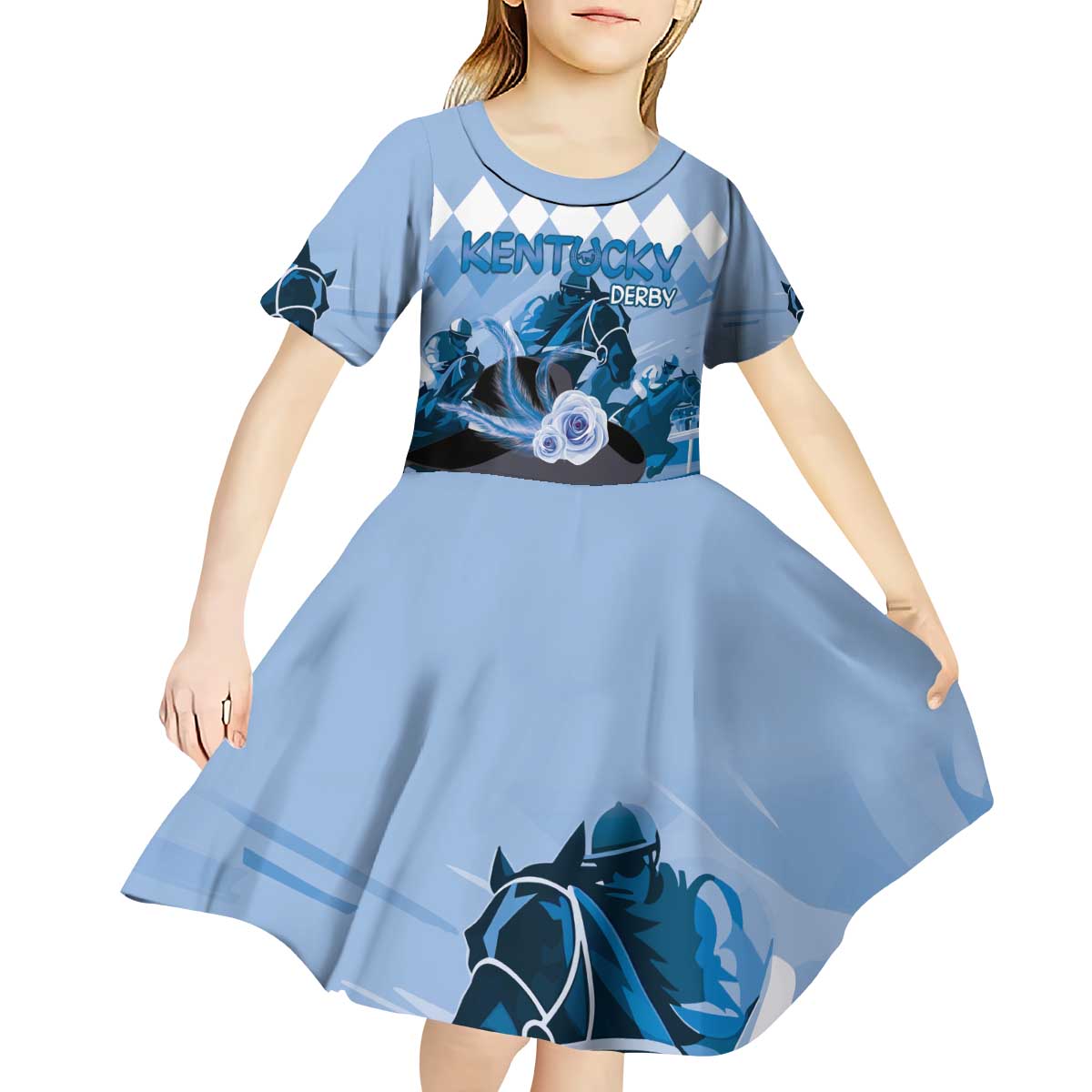 Kentucky Horse Racing Kid Short Sleeve Dress Derby Mint Julep Girl - Blue Pastel LT14