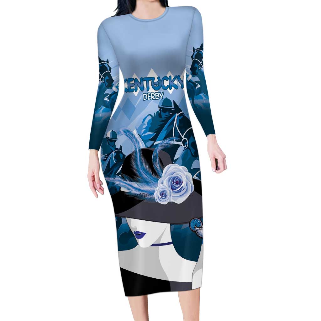 Kentucky Horse Racing Long Sleeve Bodycon Dress Derby Mint Julep Girl - Blue Pastel LT14