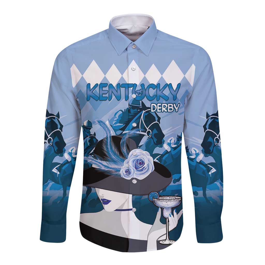 Kentucky Horse Racing Long Sleeve Button Shirt Derby Mint Julep Girl - Blue Pastel LT14
