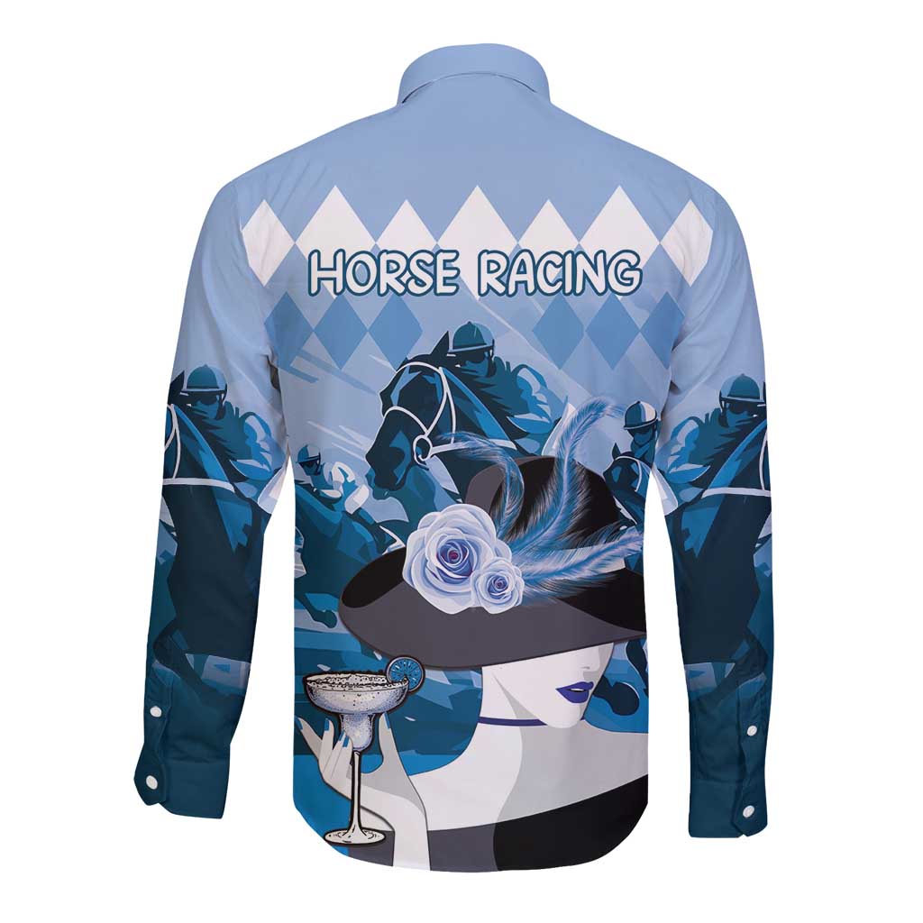 Kentucky Horse Racing Long Sleeve Button Shirt Derby Mint Julep Girl - Blue Pastel LT14