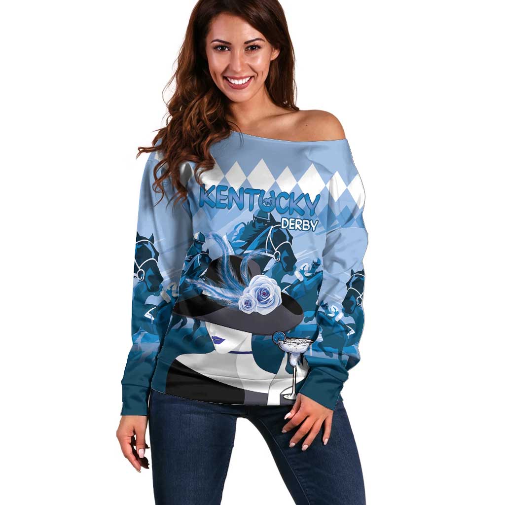 Kentucky Horse Racing Off Shoulder Sweater Derby Mint Julep Girl - Blue Pastel LT14