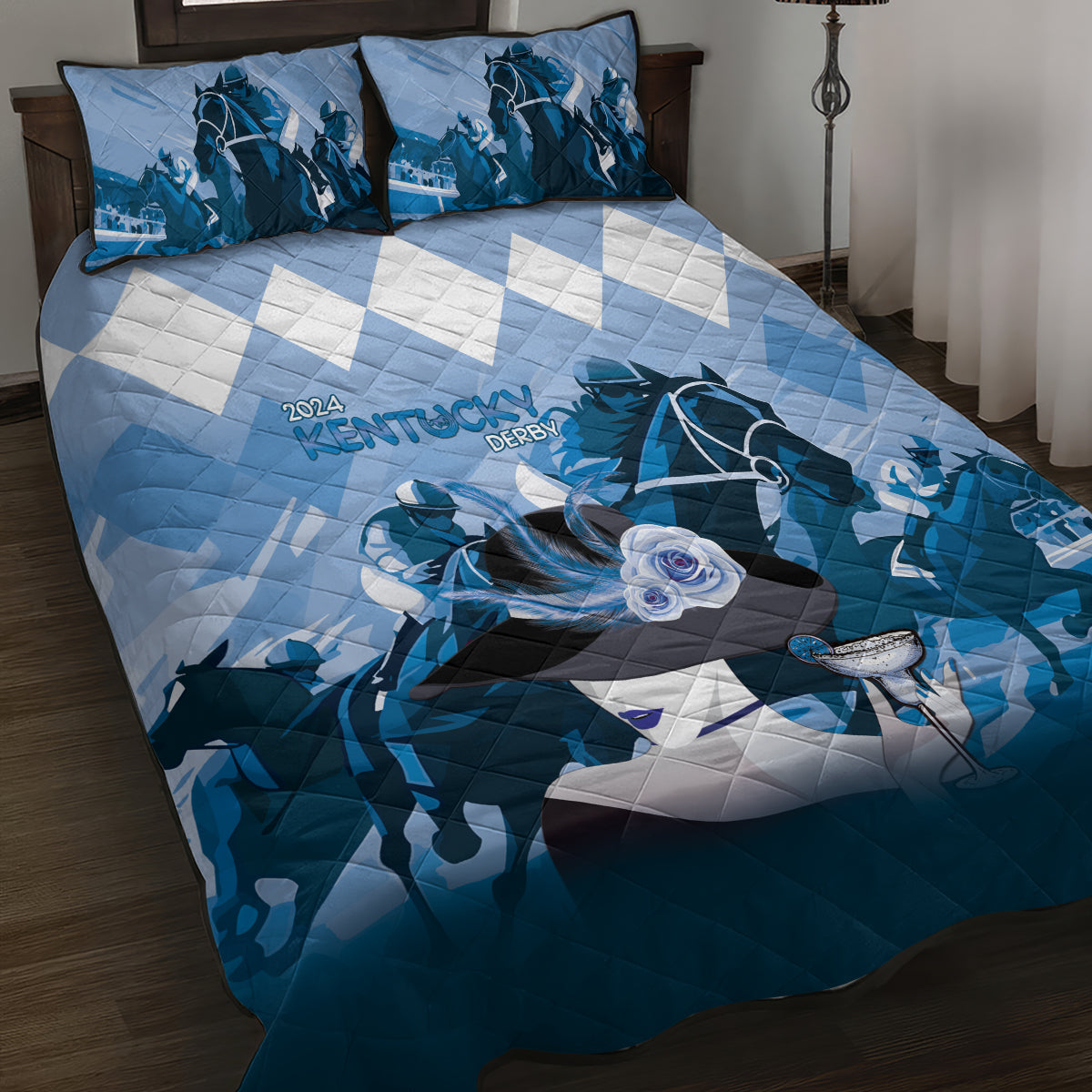 2024 Kentucky Horse Racing Quilt Bed Set Derby Mint Julep Girl - Blue Pastel