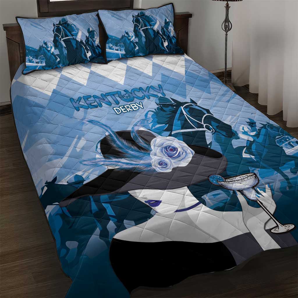 Kentucky Horse Racing Quilt Bed Set Derby Mint Julep Girl - Blue Pastel LT14