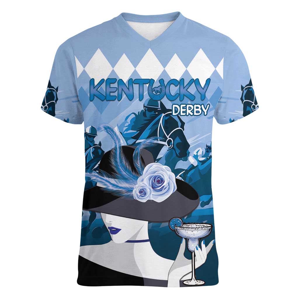 Kentucky Horse Racing Women V-Neck T-Shirt Derby Mint Julep Girl - Blue Pastel LT14