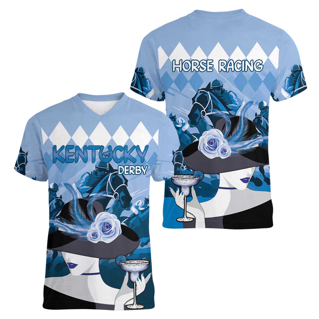 Kentucky Horse Racing Women V-Neck T-Shirt Derby Mint Julep Girl - Blue Pastel LT14