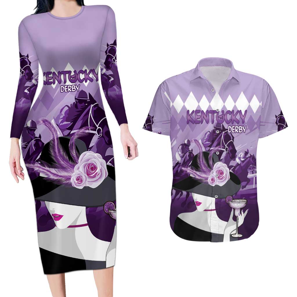 Kentucky Horse Racing Couples Matching Long Sleeve Bodycon Dress and Hawaiian Shirt Derby Mint Julep Girl - Purple Pastel LT14
