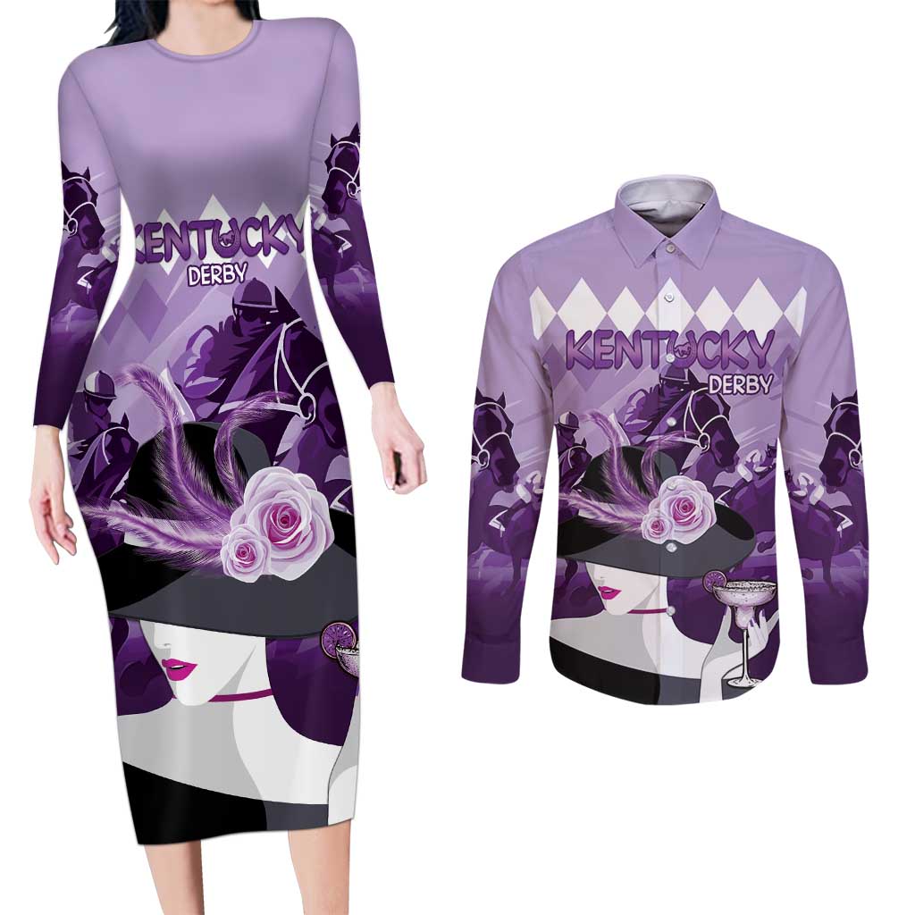 Kentucky Horse Racing Couples Matching Long Sleeve Bodycon Dress and Long Sleeve Button Shirt Derby Mint Julep Girl - Purple Pastel LT14