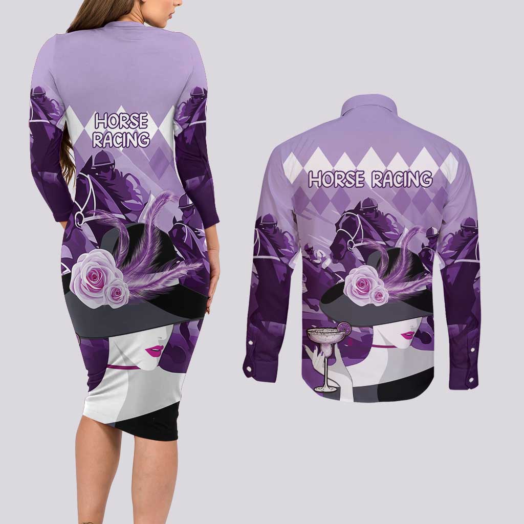 Kentucky Horse Racing Couples Matching Long Sleeve Bodycon Dress and Long Sleeve Button Shirt Derby Mint Julep Girl - Purple Pastel LT14