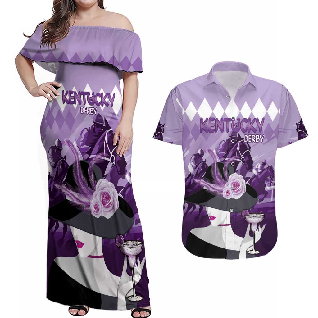 Kentucky Horse Racing Couples Matching Off Shoulder Maxi Dress and Hawaiian Shirt Derby Mint Julep Girl - Purple Pastel LT14