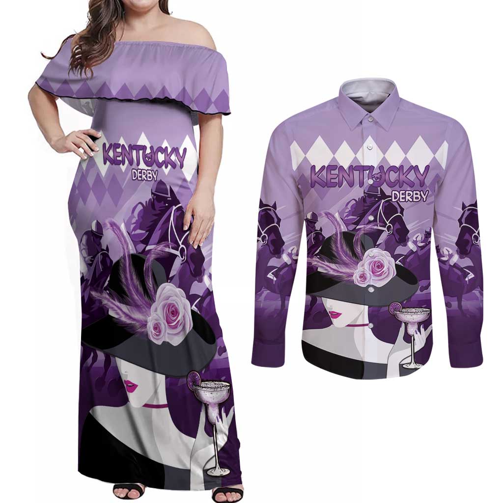 Kentucky Horse Racing Couples Matching Off Shoulder Maxi Dress and Long Sleeve Button Shirt Derby Mint Julep Girl - Purple Pastel LT14