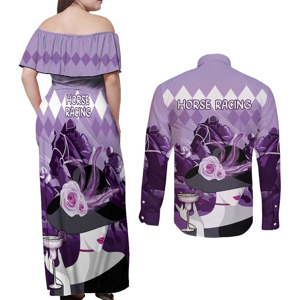 Kentucky Horse Racing Couples Matching Off Shoulder Maxi Dress and Long Sleeve Button Shirt Derby Mint Julep Girl - Purple Pastel LT14