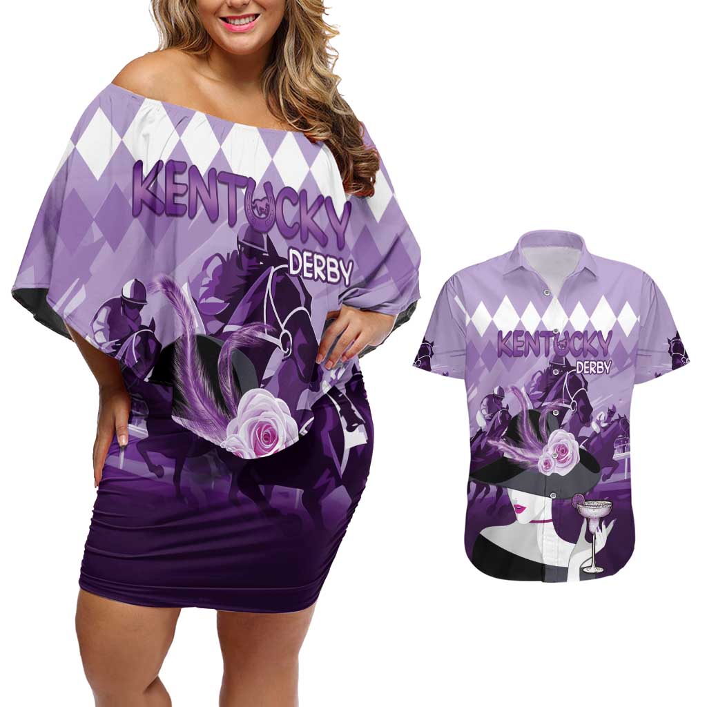 Kentucky Horse Racing Couples Matching Off Shoulder Short Dress and Hawaiian Shirt Derby Mint Julep Girl - Purple Pastel LT14