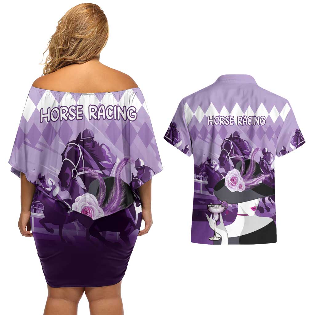 Kentucky Horse Racing Couples Matching Off Shoulder Short Dress and Hawaiian Shirt Derby Mint Julep Girl - Purple Pastel LT14
