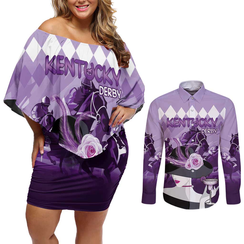 Kentucky Horse Racing Couples Matching Off Shoulder Short Dress and Long Sleeve Button Shirt Derby Mint Julep Girl - Purple Pastel LT14
