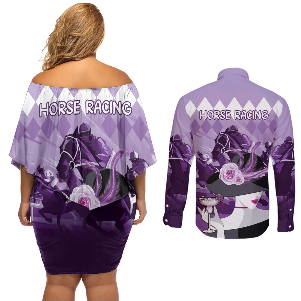 Kentucky Horse Racing Couples Matching Off Shoulder Short Dress and Long Sleeve Button Shirt Derby Mint Julep Girl - Purple Pastel LT14