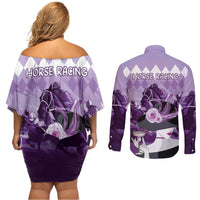 Kentucky Horse Racing Couples Matching Off Shoulder Short Dress and Long Sleeve Button Shirt Derby Mint Julep Girl - Purple Pastel LT14