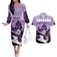 Kentucky Horse Racing Couples Matching Off The Shoulder Long Sleeve Dress and Hawaiian Shirt Derby Mint Julep Girl - Purple Pastel LT14