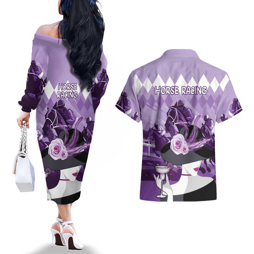 Kentucky Horse Racing Couples Matching Off The Shoulder Long Sleeve Dress and Hawaiian Shirt Derby Mint Julep Girl - Purple Pastel LT14