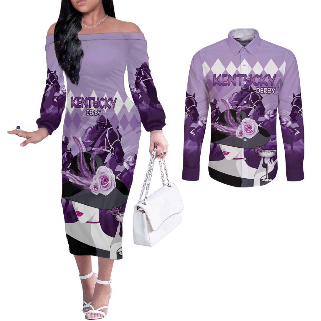 Kentucky Horse Racing Couples Matching Off The Shoulder Long Sleeve Dress and Long Sleeve Button Shirt Derby Mint Julep Girl - Purple Pastel LT14