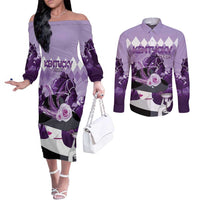 Kentucky Horse Racing Couples Matching Off The Shoulder Long Sleeve Dress and Long Sleeve Button Shirt Derby Mint Julep Girl - Purple Pastel LT14