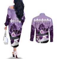 Kentucky Horse Racing Couples Matching Off The Shoulder Long Sleeve Dress and Long Sleeve Button Shirt Derby Mint Julep Girl - Purple Pastel LT14