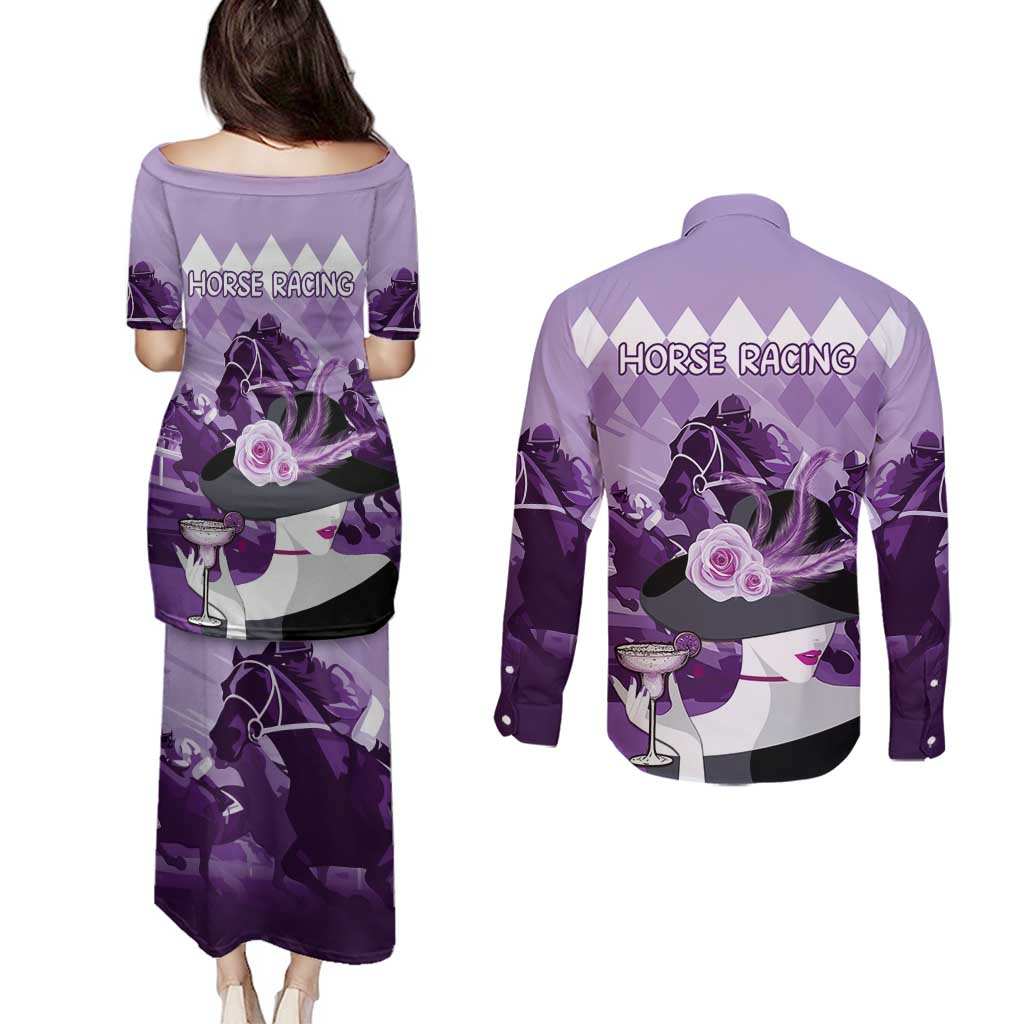 Kentucky Horse Racing Couples Matching Puletasi and Long Sleeve Button Shirt Derby Mint Julep Girl - Purple Pastel LT14